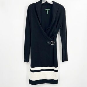 Lauren Ralph Lauren Cowl Neck Faux Wrap Sweater Dress Black Cream Stripe Medium
